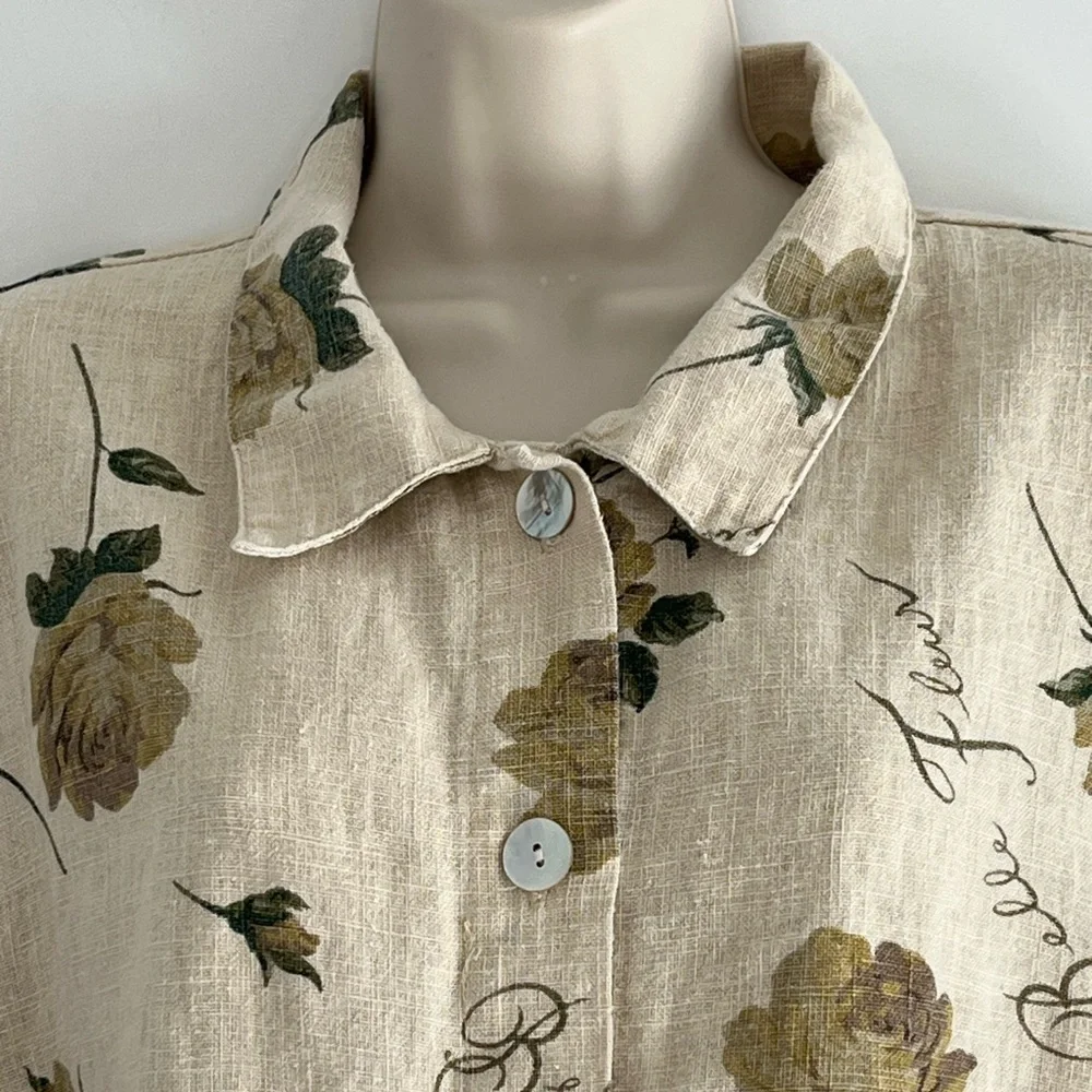 Sweet Jessie 100% Linen Neutral Floral Short Sleeve Button Up Shirt Top Size L